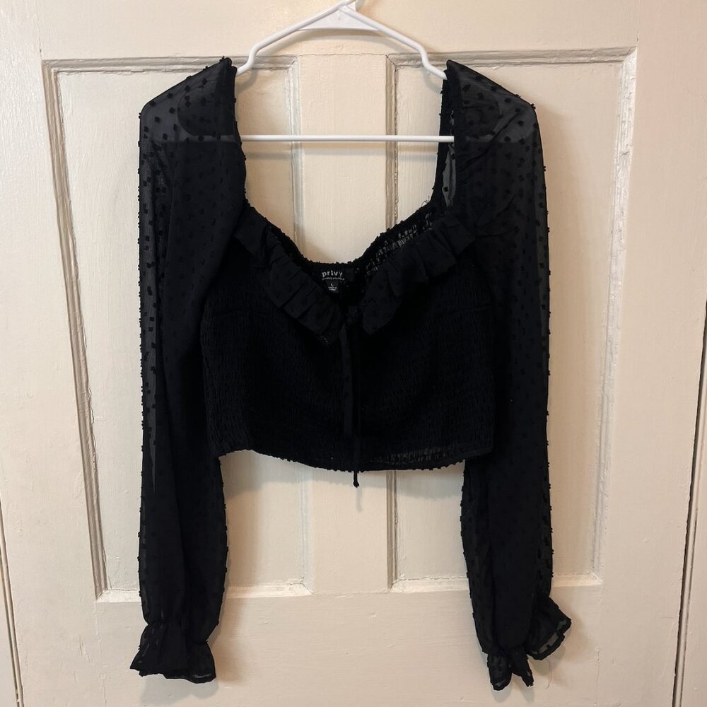 PRIVY Black Ruched Clip Balloon Sleeve Top
